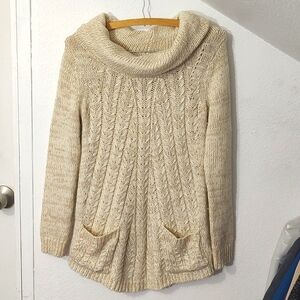Anthropologie Guinevere Cable Knit Cowl Neck Sweater with Pockets in Ivory